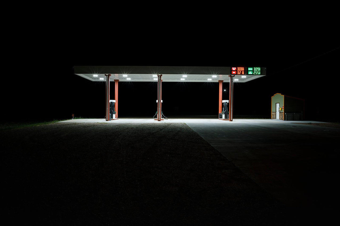 Gas station at night, Nebraska Highway 20 - Walloy